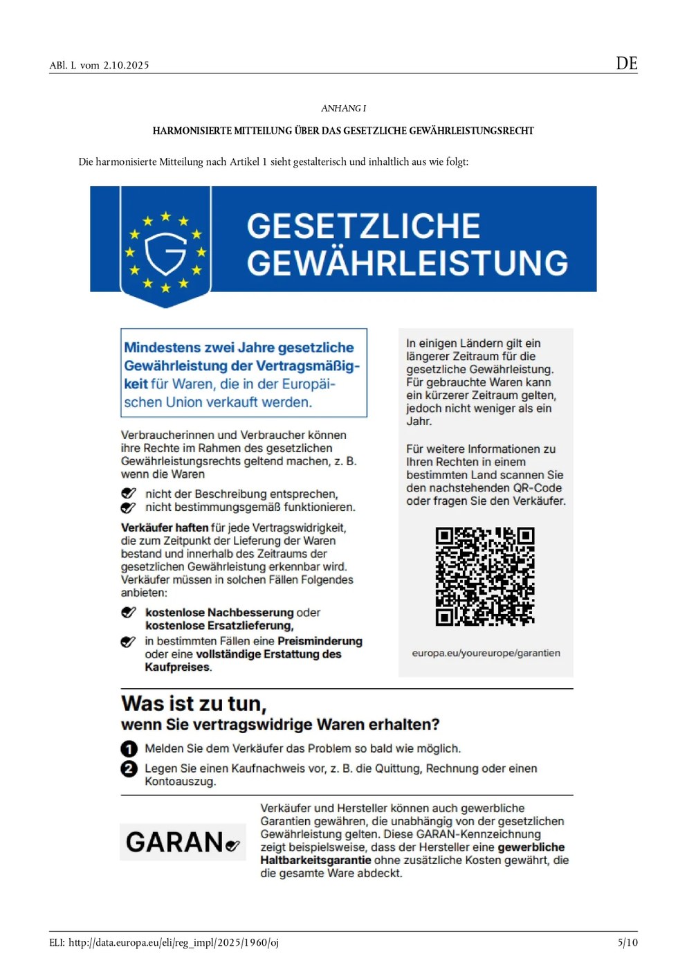 Harmonisierte Mitteilung über das gesetzliche Gewährleistungsrecht – Textfassung siehe unten